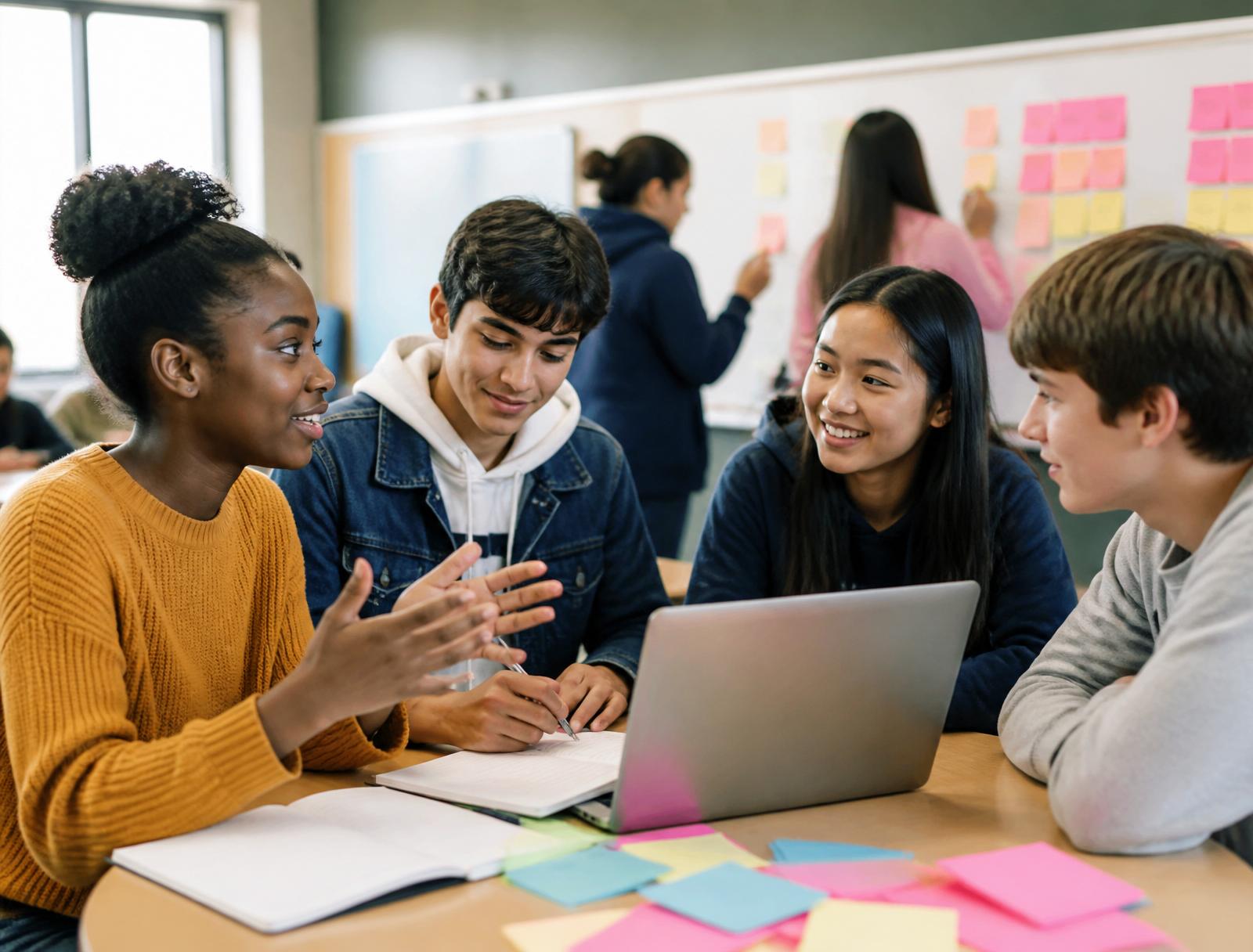 A diverse group of teenage students collaborating and presenting during a KYEA session